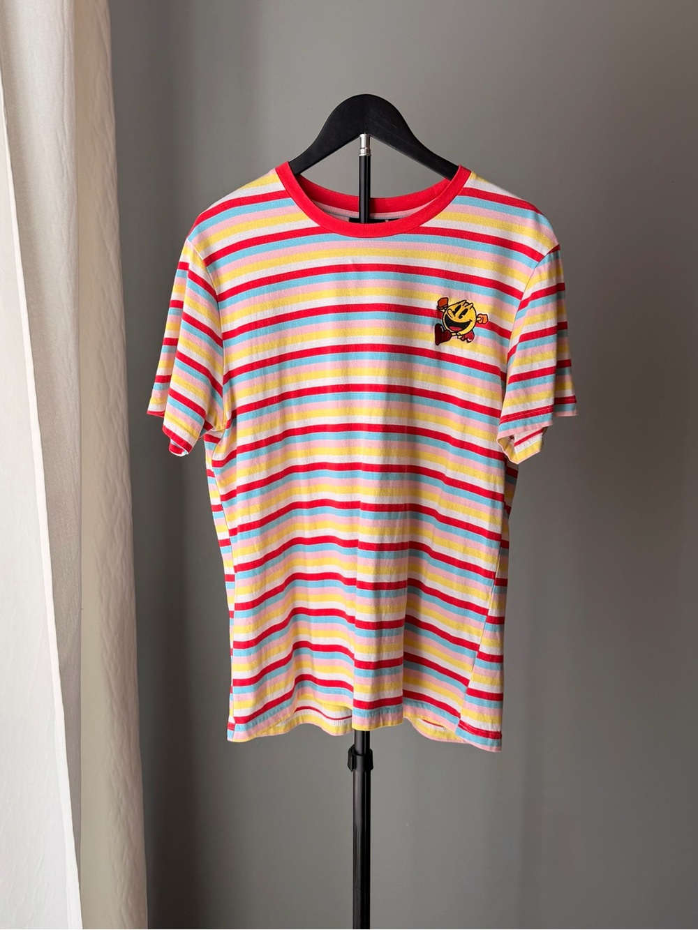 Pac-Man Multicolor L Short Sleeve 100% Cotton Striped Shirt Gaming Retro 80s